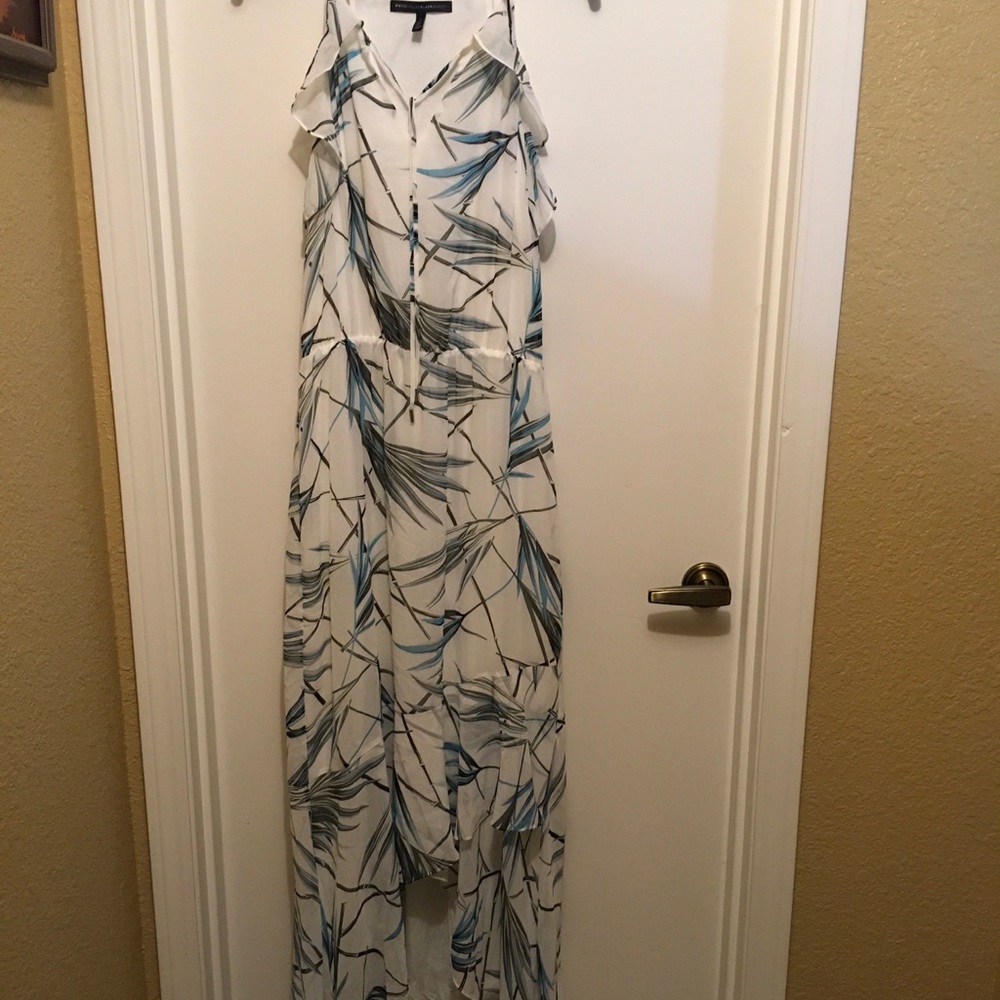 Elegant White and Blue Leaf Print Dress